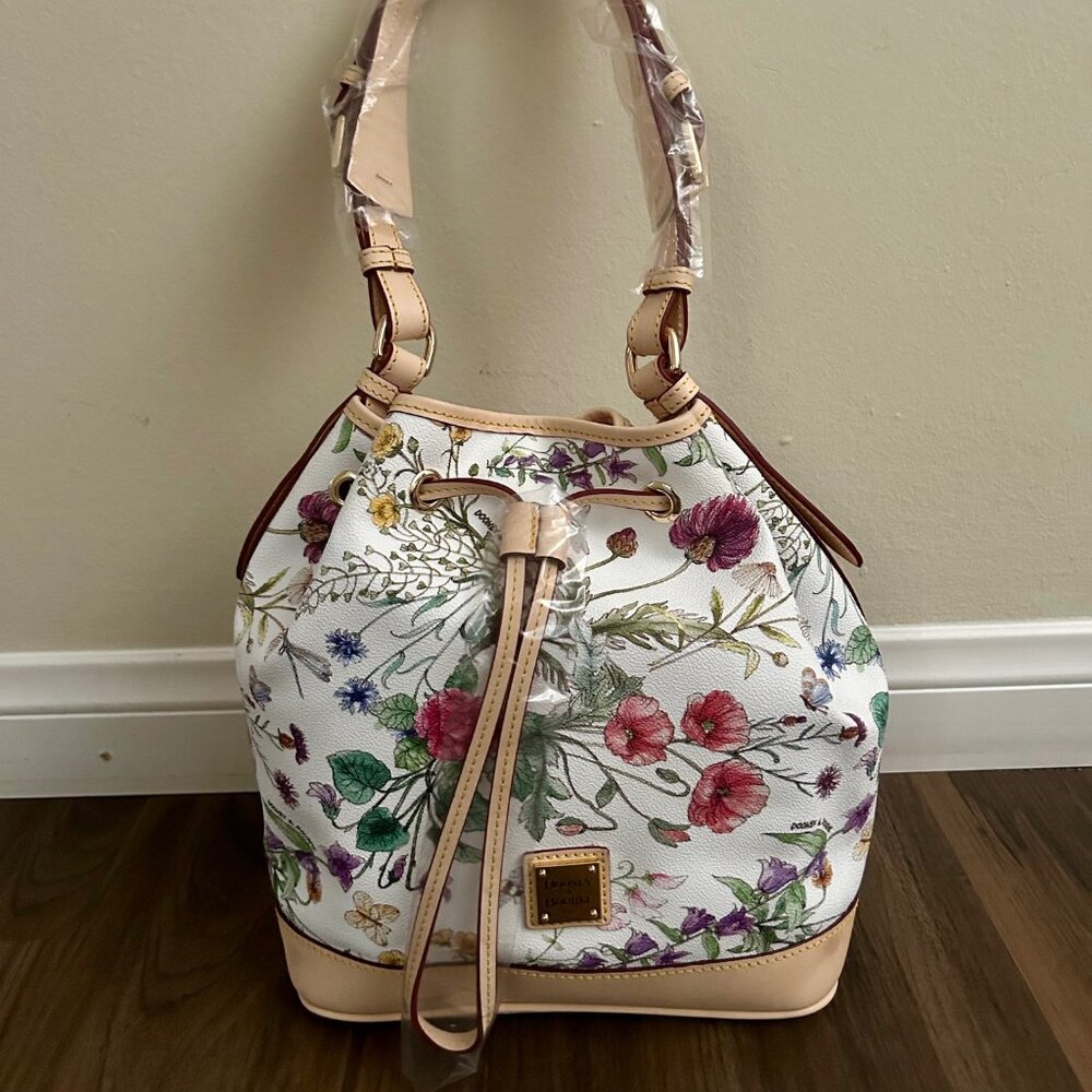 Dooney & Bourke White Floral Drawstring Shoulder Bag with Cream Trim